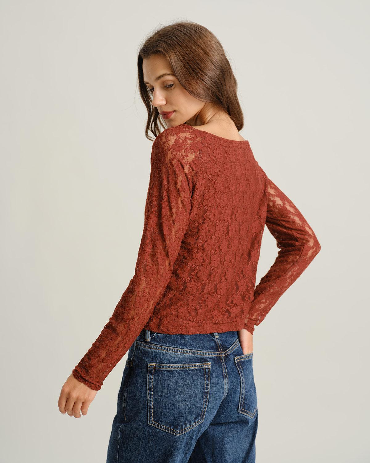 Brown Boat Neck Lace Slim Tee Product Image