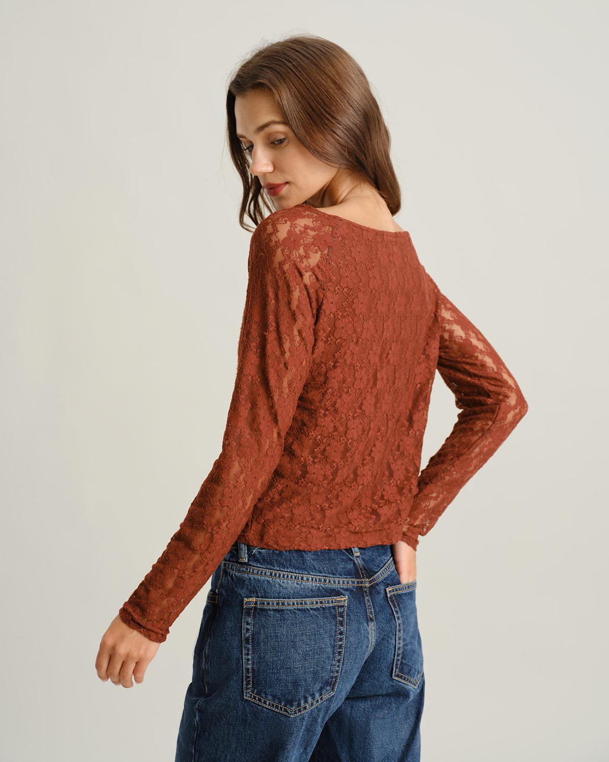 Brown Boat Neck Lace Slim Tee Product Image