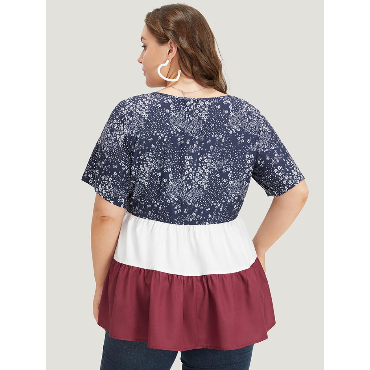 Plus Size Russet Star Patchwork Contrast Layered Hem Blouse Women Elegant Short sleeve Round Neck Everyday Blouses BloomChic 18-20/2X Product Image