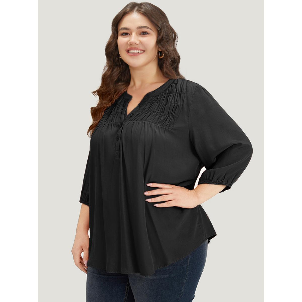 Plus Size Black Plain Notched Button Through Elastic Cuffs Shirred Blouse Women Office Elbow-length sleeve V-neck Office Blouses BloomChic 14-16/1X Product Image