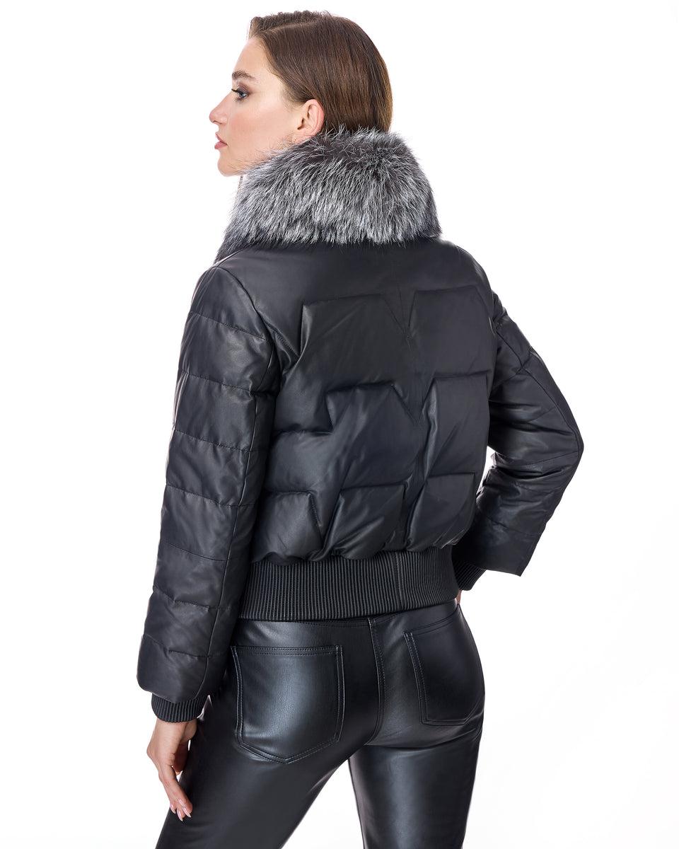 Leather Bomber Jacket With Silver Fox Collar Product Image