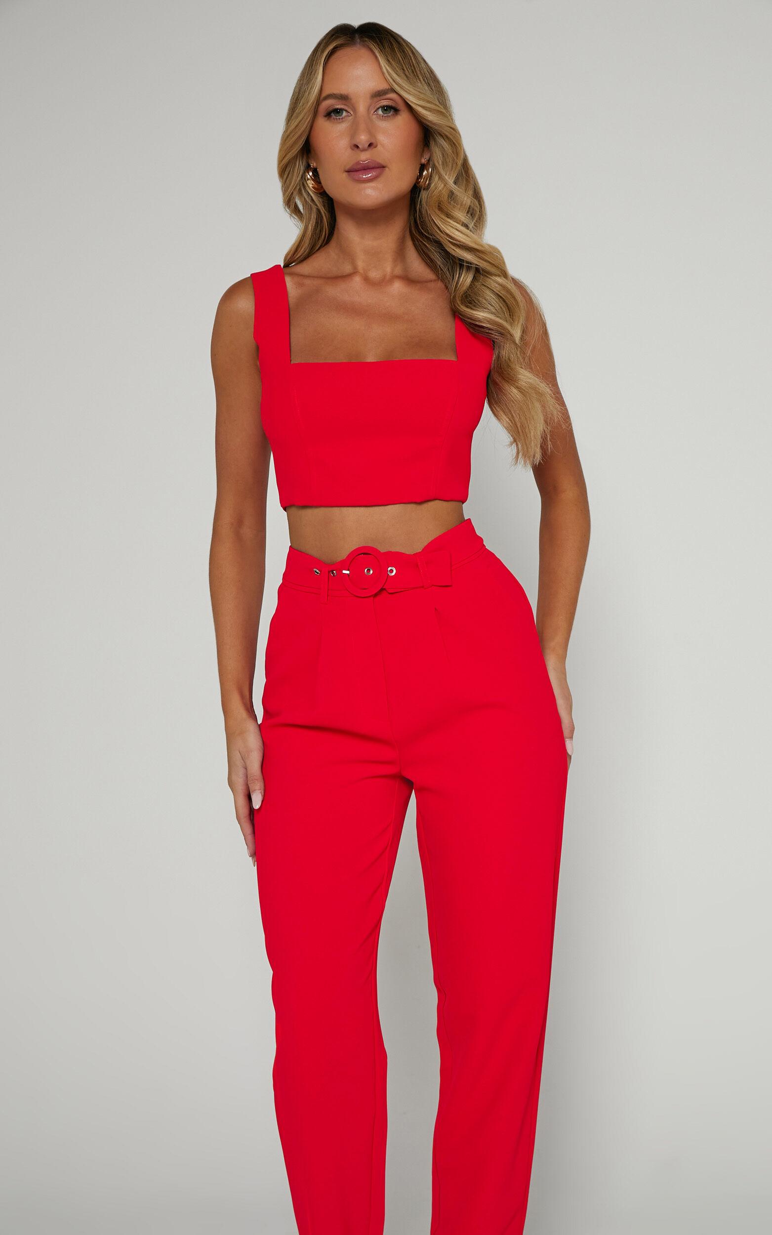 Reyna Two Piece Set - Crop Top and Tailored Pants Set in Red Product Image