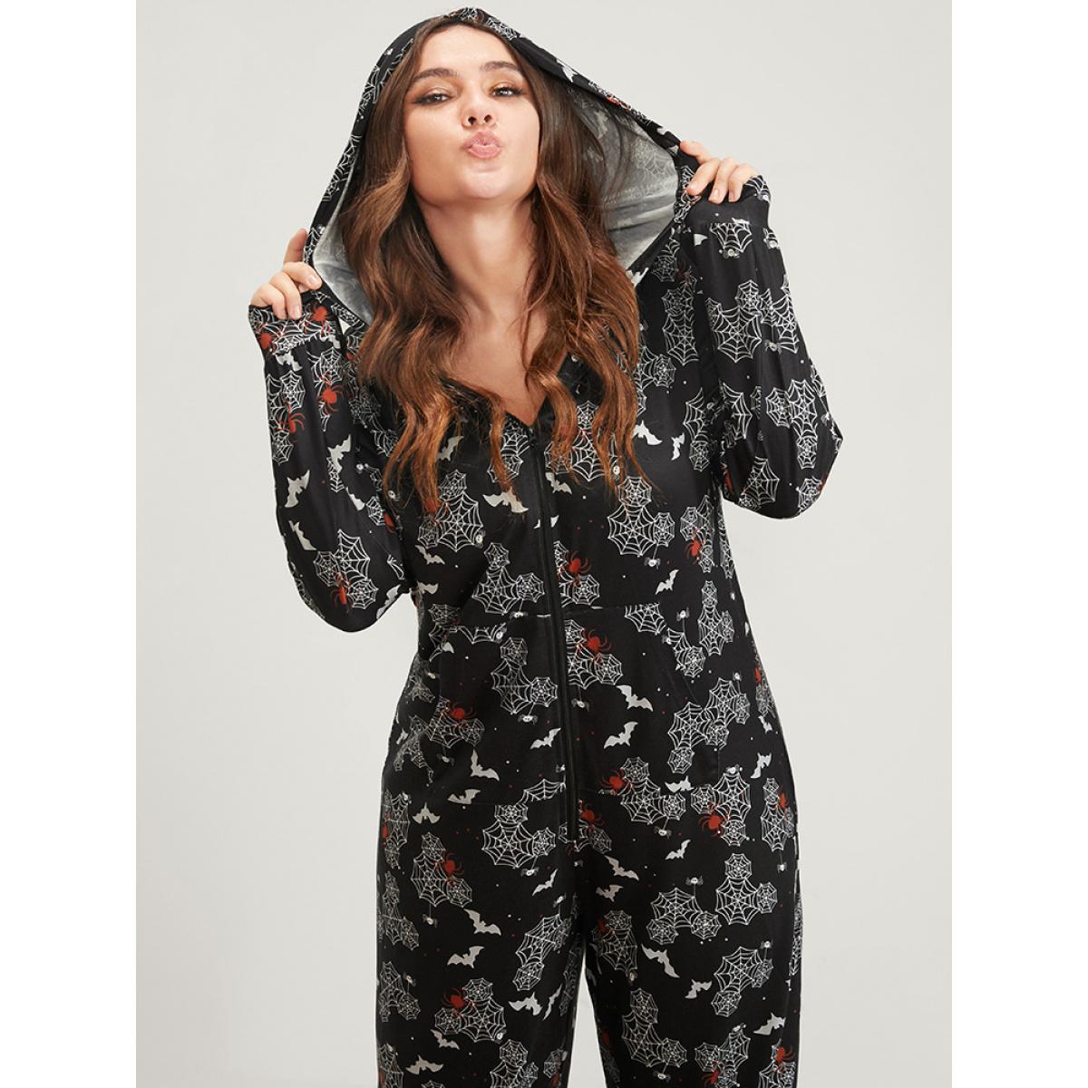 Plus Size Halloween Print Pocket Zip Up Jumpsuit Women Black Elegant Graphic-Halloween Zipper Hooded Pocket Loungewear BloomChic 14-16/1X Product Image