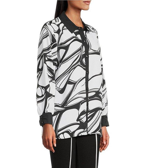Slim Factor by Investments Long Sleeve Point Collar Abstract Stroke Print Button Front Top Product Image