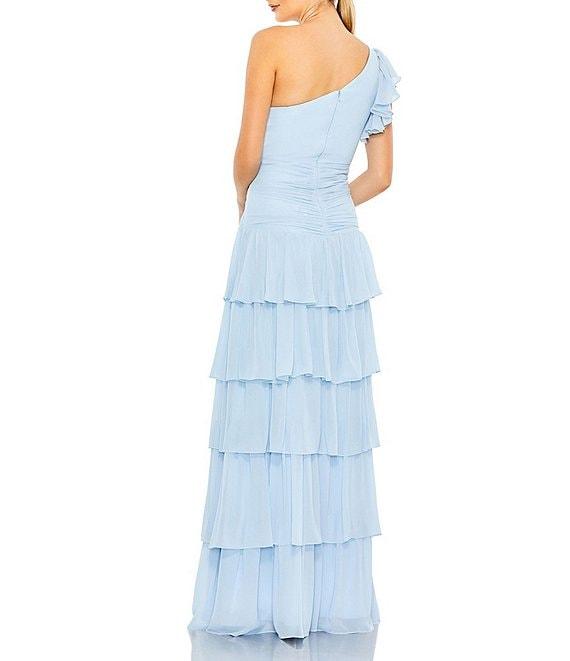 Mac Duggal Ruffle One Shoulder Ruched Waist Sleeveless Tiered Gown Product Image