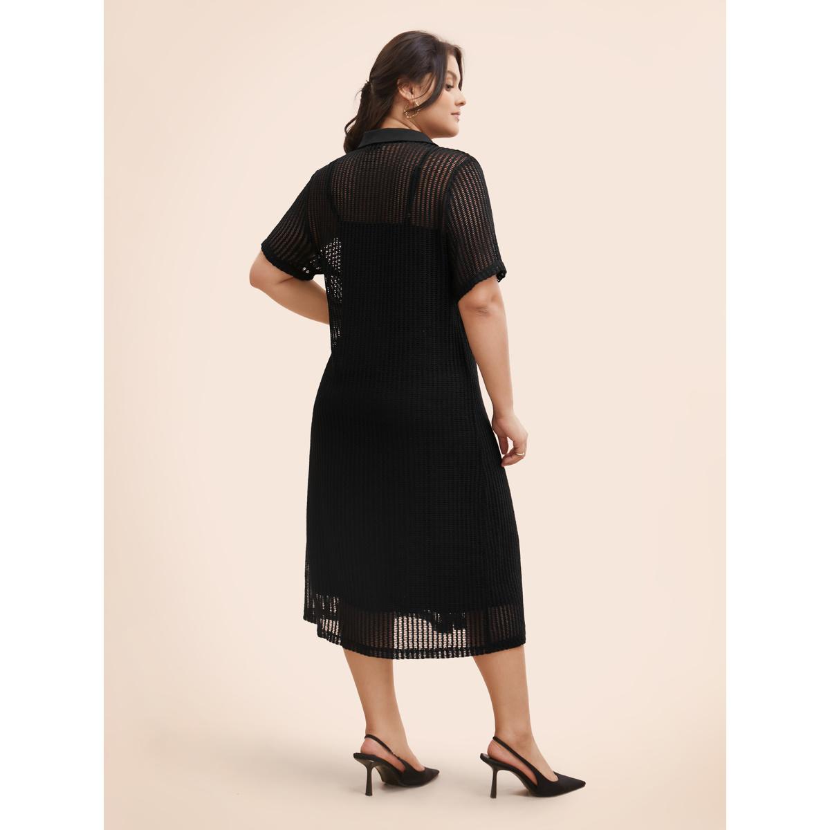 Plus Size Shirt Collar Button Up Midi Dress Black Women Casual Texture Shirt collar Short sleeve Curvy BloomChic 18-20/2X Product Image
