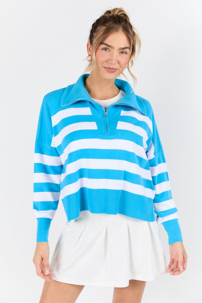 Pulling Heartstrings Hip Length Aqua Stripe Quarter Zip Pullover FINAL SALE Product Image