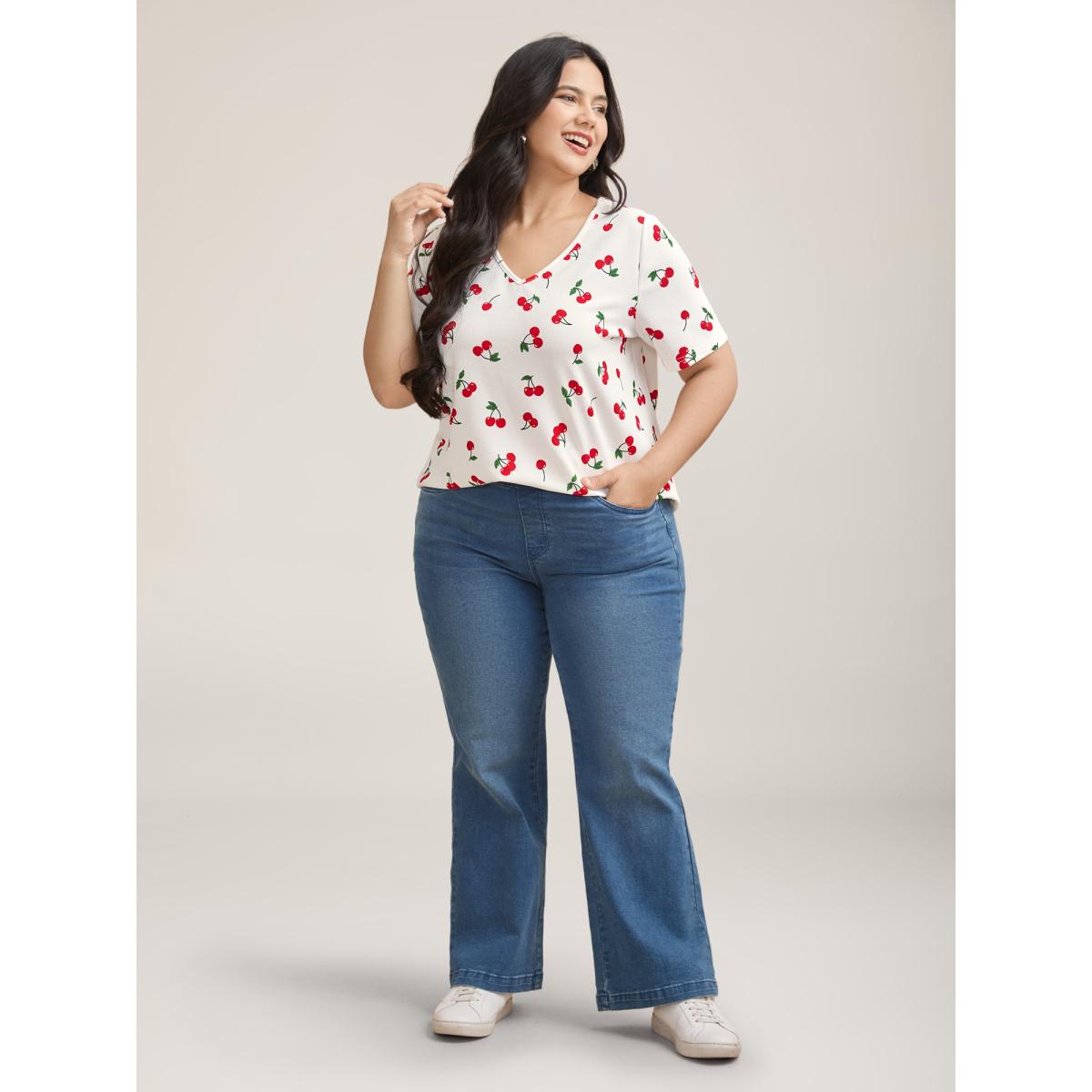 Plus Size Cherry Print Stretchy V-Neck T-Shirt WhiteSmoke Women Casual Non Fruit V-neck Everyday T-shirts BloomChic 28/5X Product Image