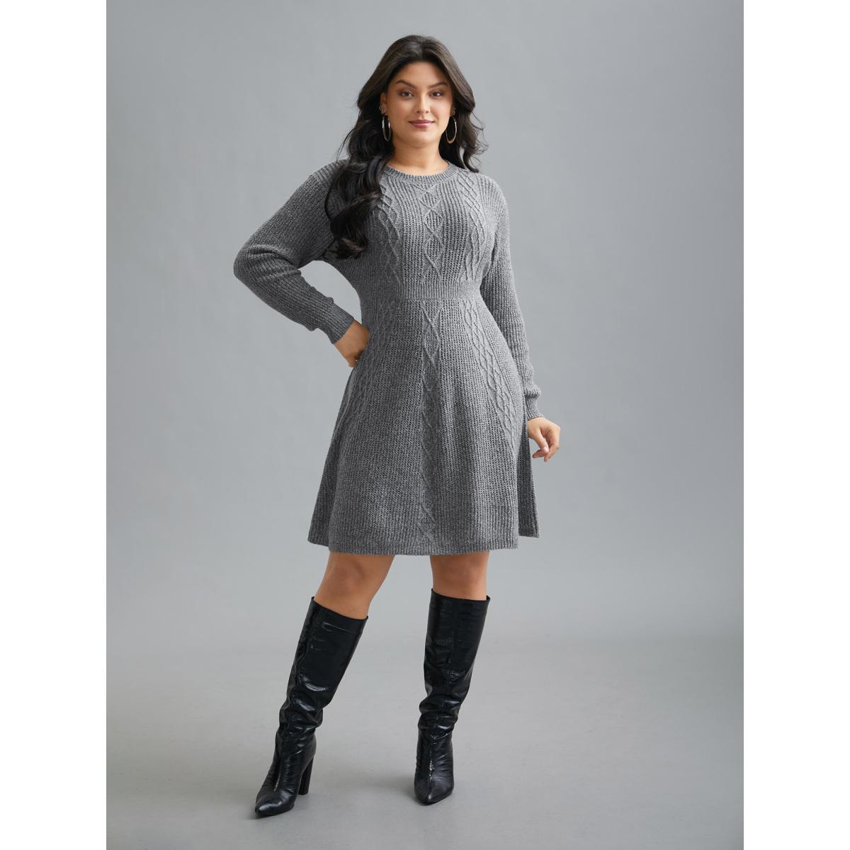 Plus Size Cable Knit Ribbed Waist Cinched Midi Sweater Dress Mediumgray Women Elegant Bodycon Long Sleeve Everyday Sweater Dresses BloomChic 30/6X Product Image