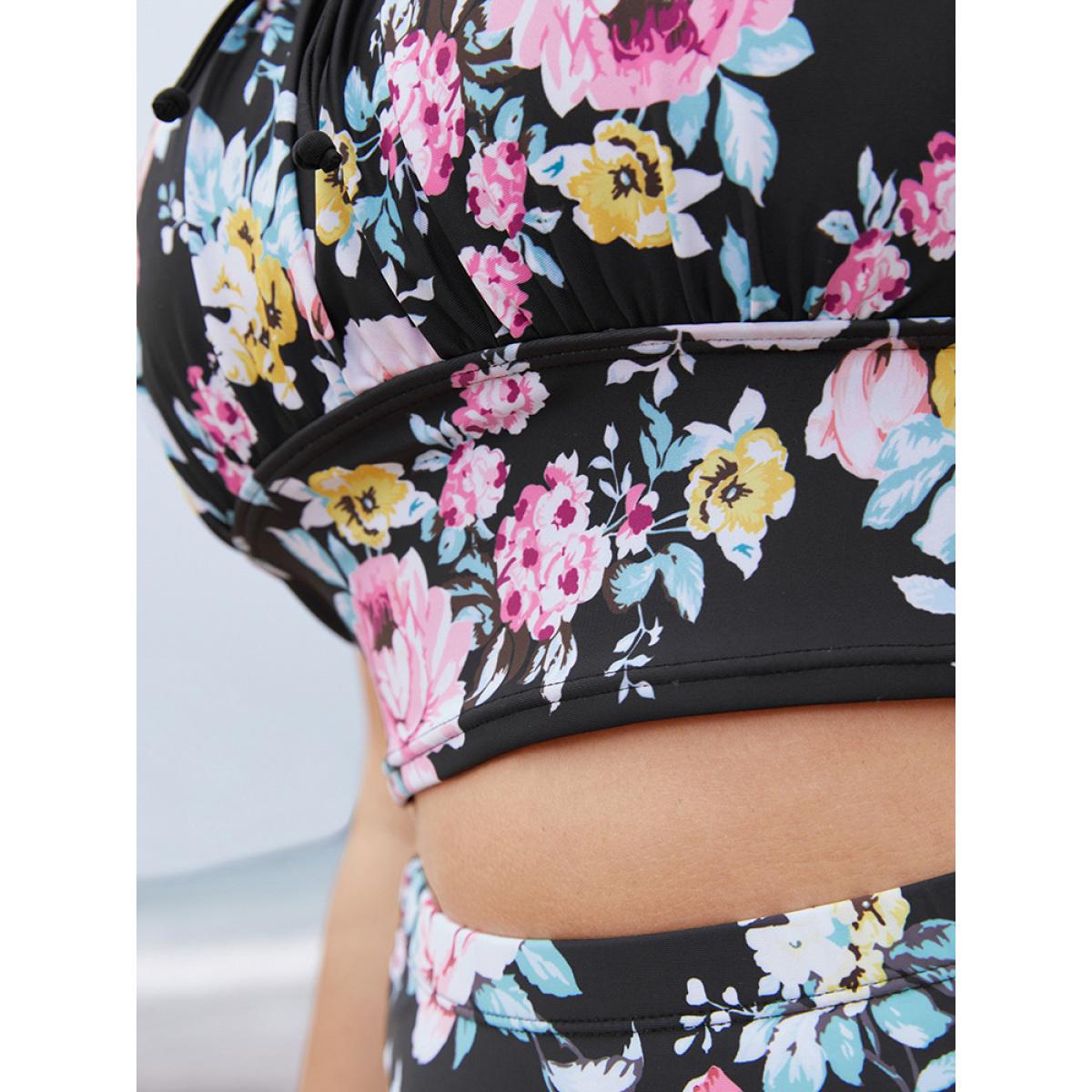Plus Size Floral Ruched Knotted Crossover Back Tankini Top Women's Swimwear BlackFlower Vacation Adjustable Straps High stretch Skinny Curve Swim Tops BloomChic 14-16/1X Product Image