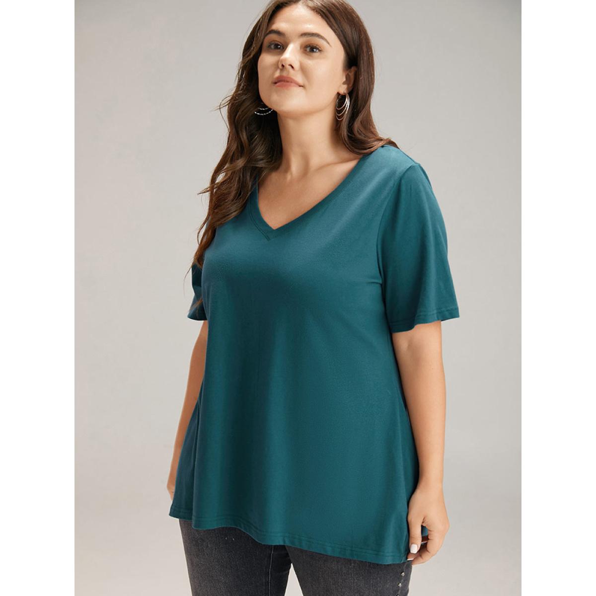 Plus Size Cotton Plain V Neck Basic T-shirt DarkSlateGray Women Casual Plain Plain V-neck Dailywear T-shirts BloomChic 30/6X Product Image