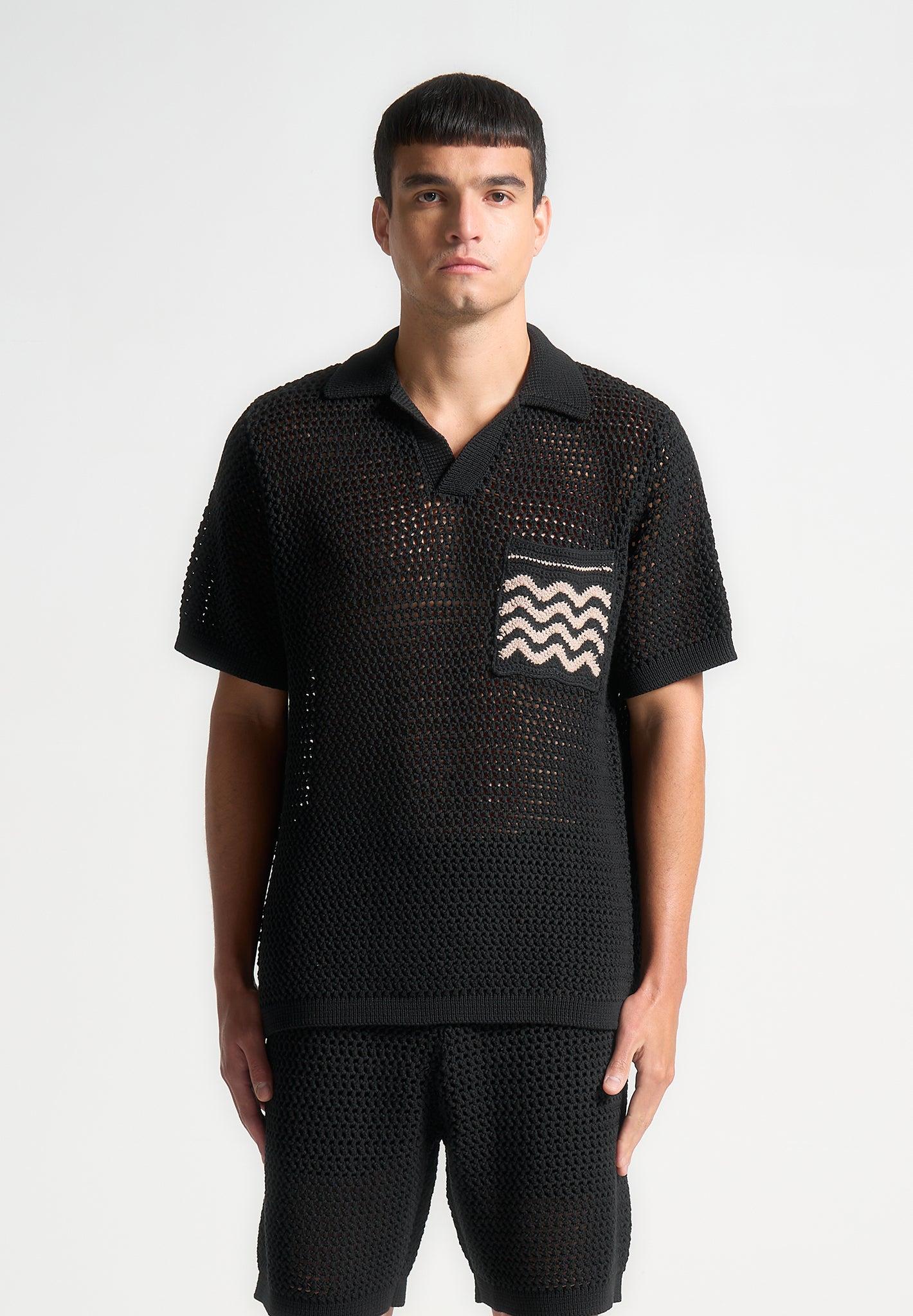 Crochet Knit Polo Shirt  - Black Male Product Image