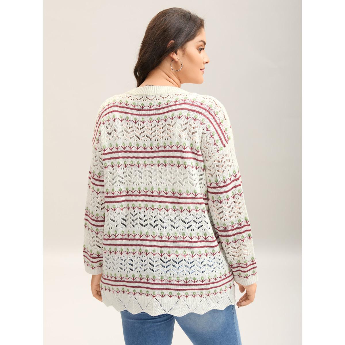 Plus Size Jacquard Pattern Crew Neck Ribbed Pullover Ivory Women Casual Loose Long Sleeve Round Neck Everyday-Casual Pullovers BloomChic 12/L Product Image