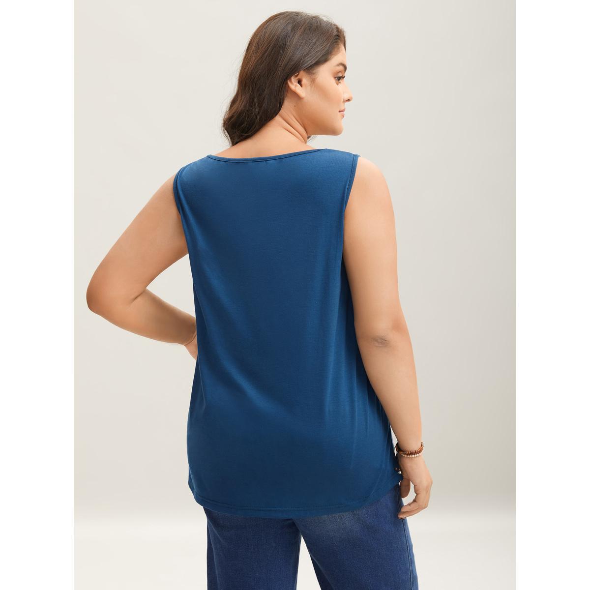 Plus Size Leafy Printed Hem Pleated Sleeveless Top Women Mediumblue Resort Pleated Square Neck Vacation Tank Tops Camis BloomChic 12/L Product Image