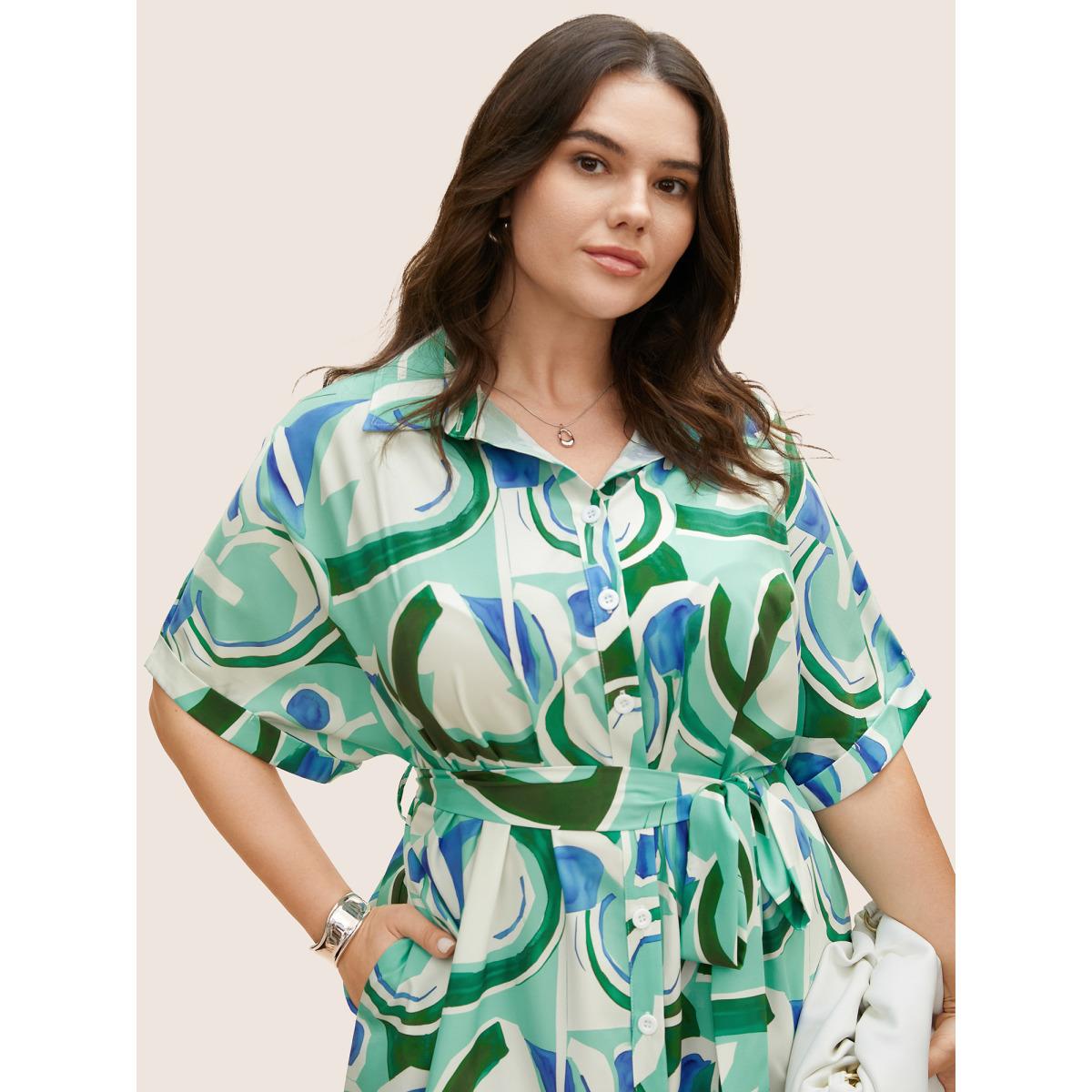 Plus Size Geometric Elastic Waist Drop Shoulder Sleeve Midi Dress Arctic Women At the Office Belted Shirt collar Short sleeve Curvy BloomChic 12/L Product Image