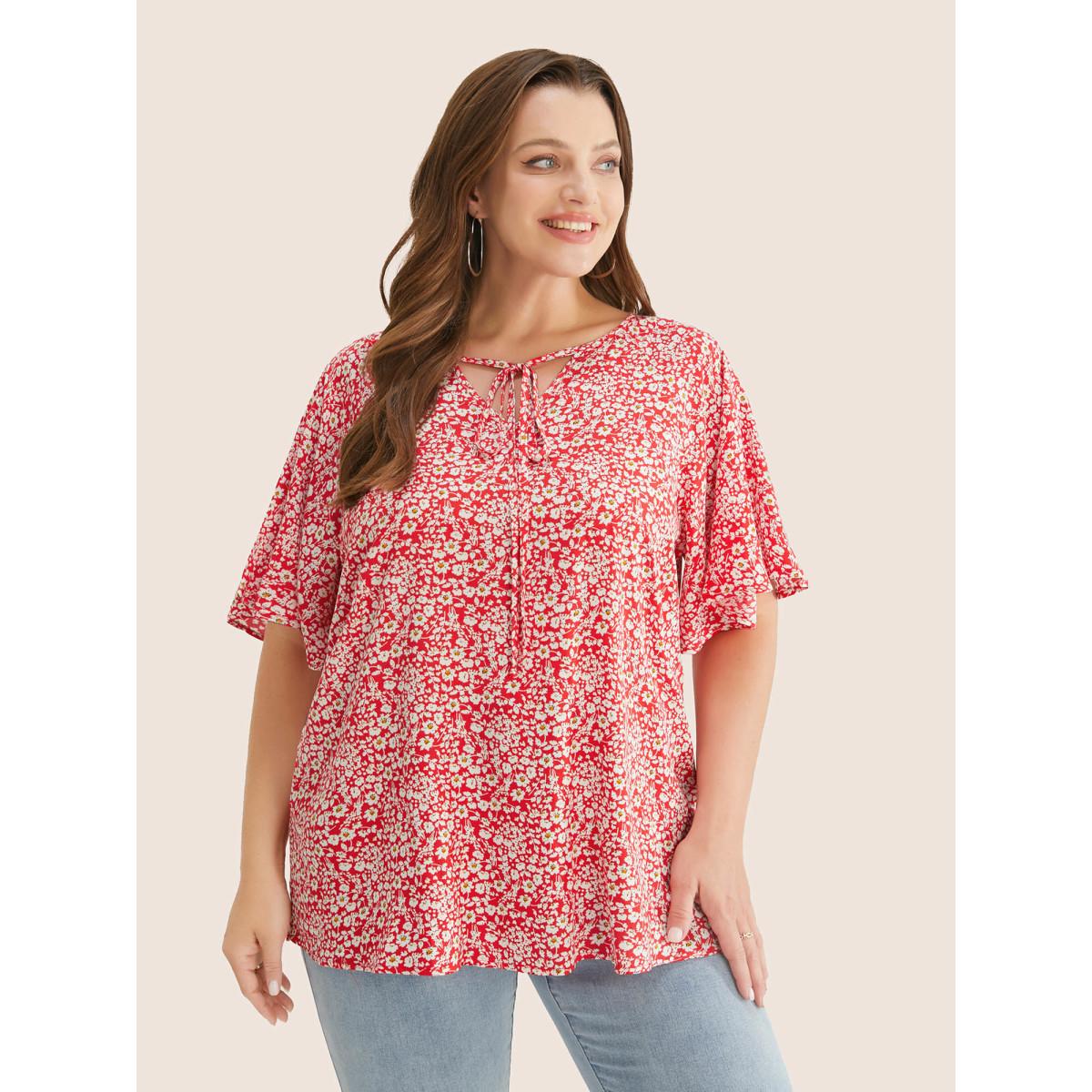 Plus Size Crimson Ditsy Floral Ruffle Sleeve Tie Neck Blouse Women Elegant Short sleeve V-neck Everyday Blouses BloomChic 10/M Product Image