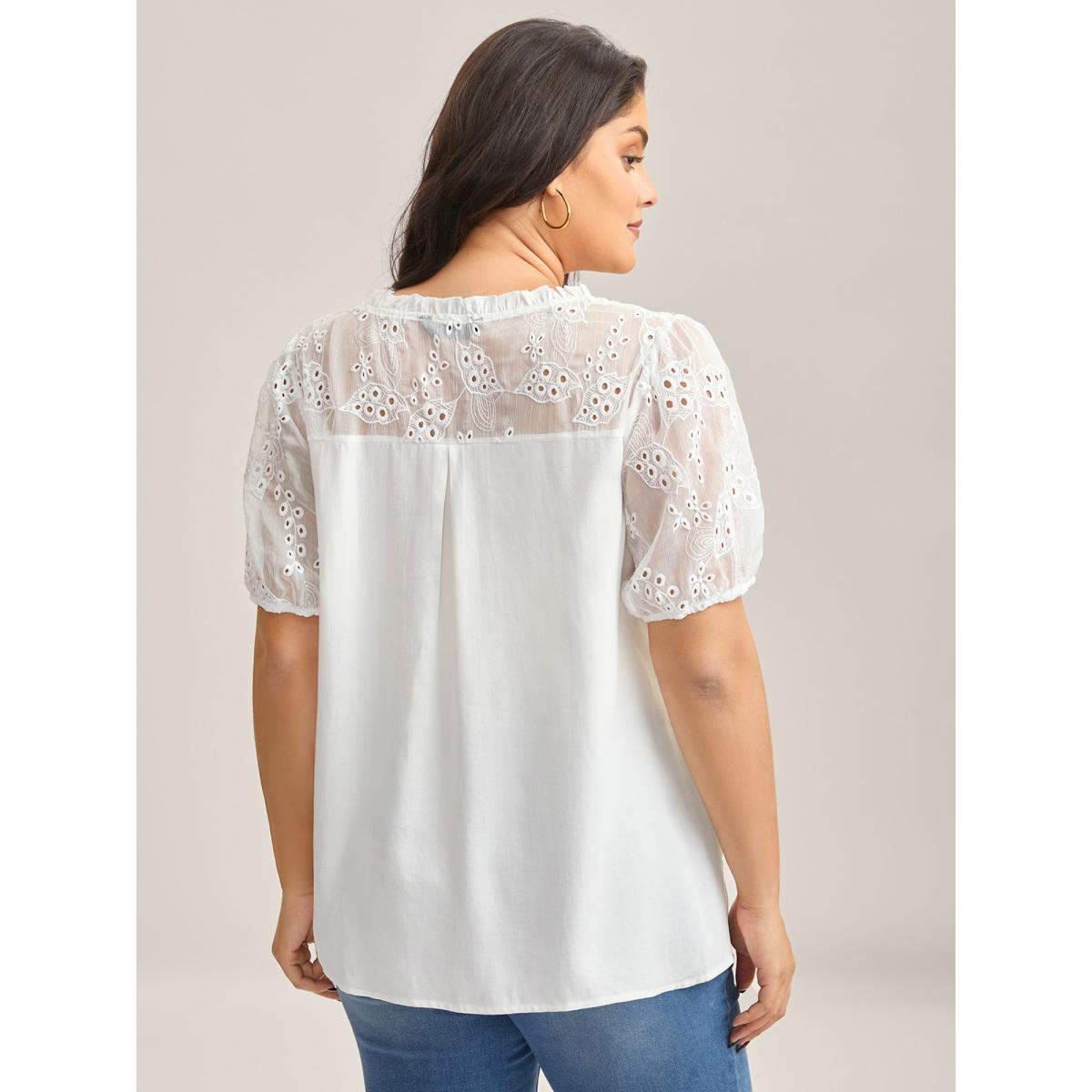 Plus Size Originalwhite Eyelet Trim Sheer Button Detail Blouse Women Timeless Short sleeve Notched collar Elegant Blouses BloomChic 10/M Product Image