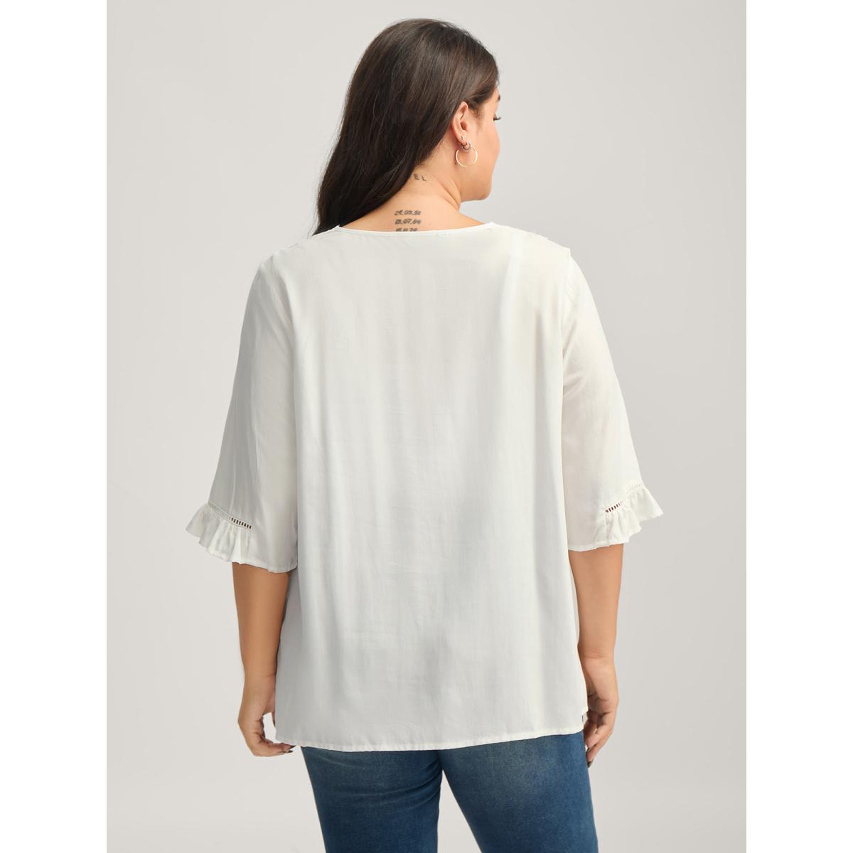 Plus Size WhiteSmoke Lace Spliced Button Detail Blouse Women Elbow-length sleeve Round Neck Elegant Blouses BloomChic 26/4X Product Image