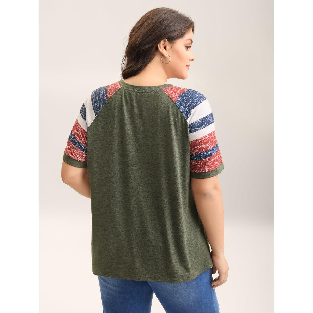 Plus Size Striped Raglan Sleeve Plain T-Shirt ArmyGreen Women Leisure Contrast Round Neck Casual T-shirts BloomChic 30/6X Product Image