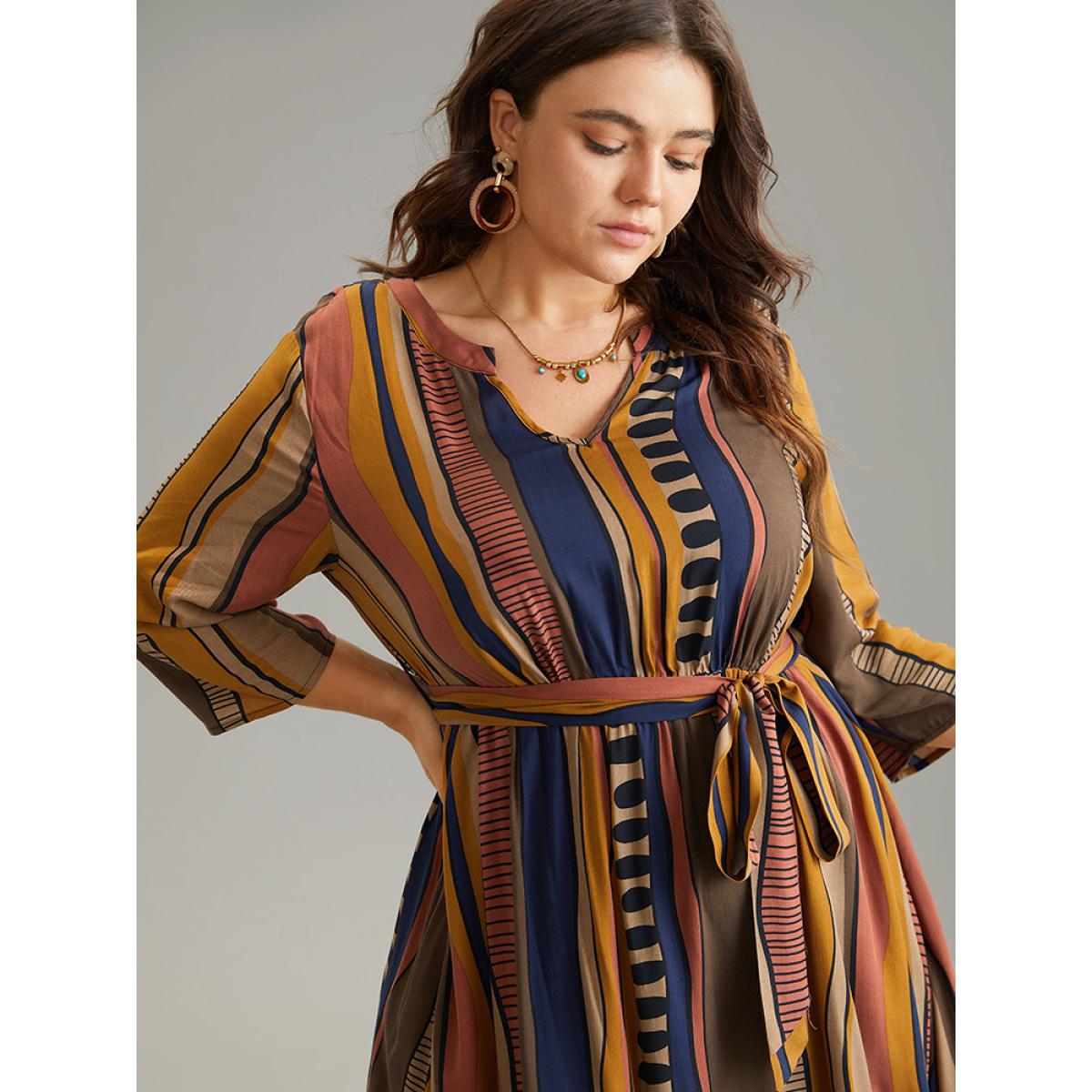 Plus Size Cotton Striped Colorblock Belted Notched Dress Chocolate Women Vacation Belted Notched collar Elbow-length sleeve Curvy Midi Dress BloomChic 26/4X Product Image