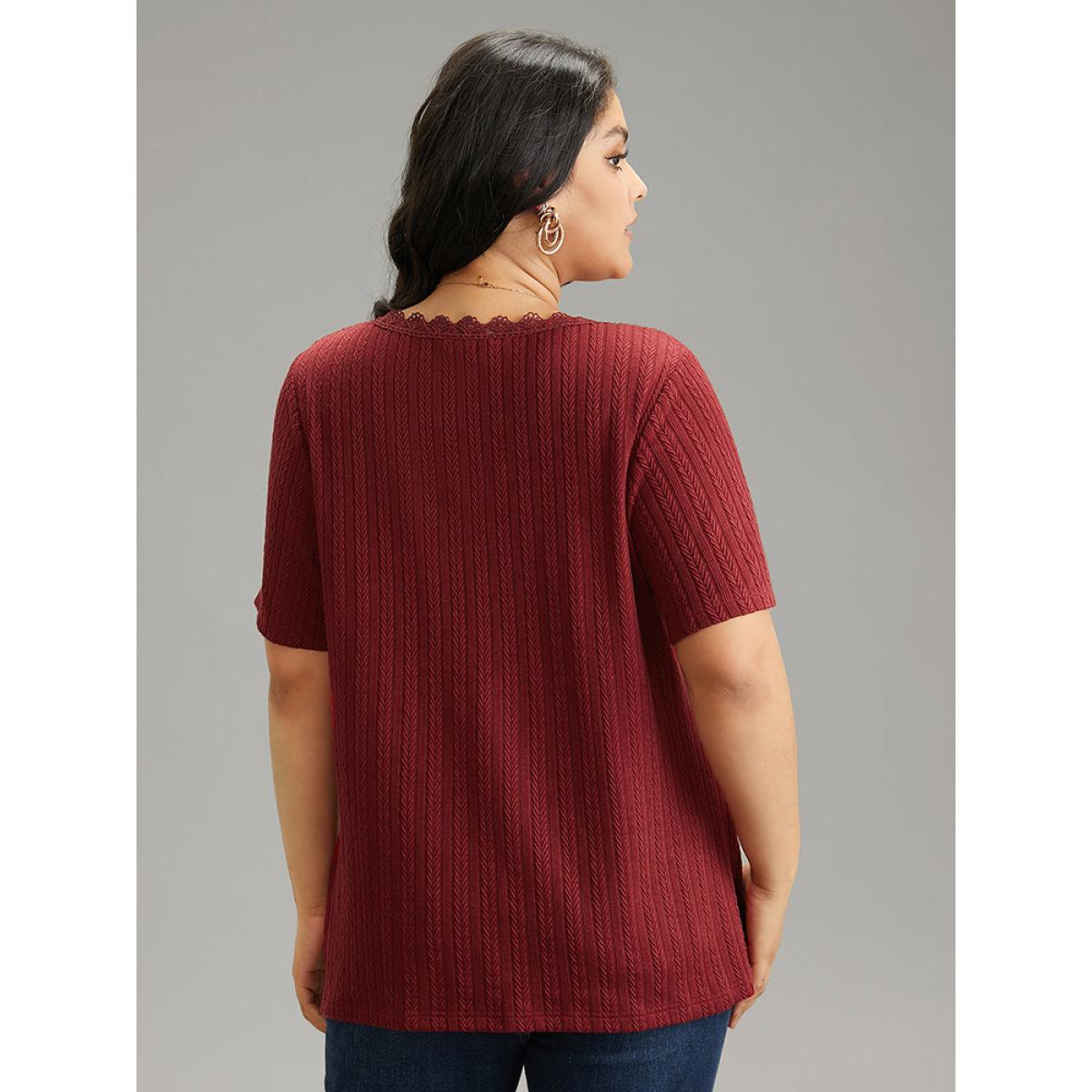 Plus Size Lace Trim Plisse Button Detail T-shirt Burgundy Women Casual Texture Plain V-neck Everyday T-shirts BloomChic 10/M Product Image