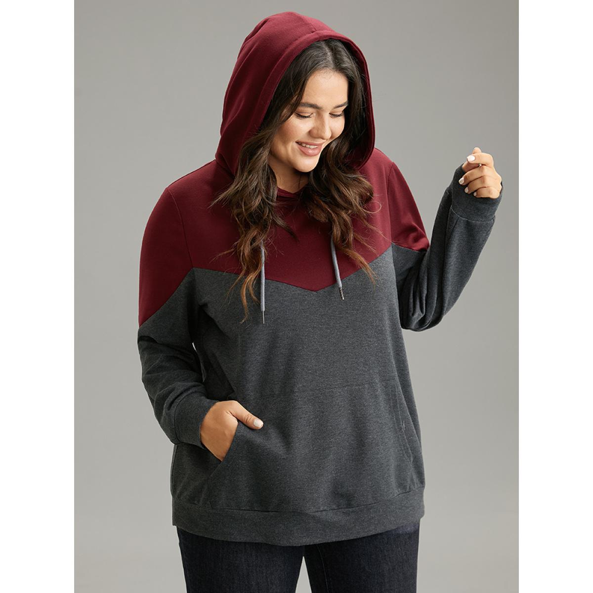 Plus Size Contrast Patchwork Hooded Pocket Drawstring Sweatshirt Women Burgundy Casual Contrast Hooded Dailywear Sweatshirts BloomChic 30/6X Product Image