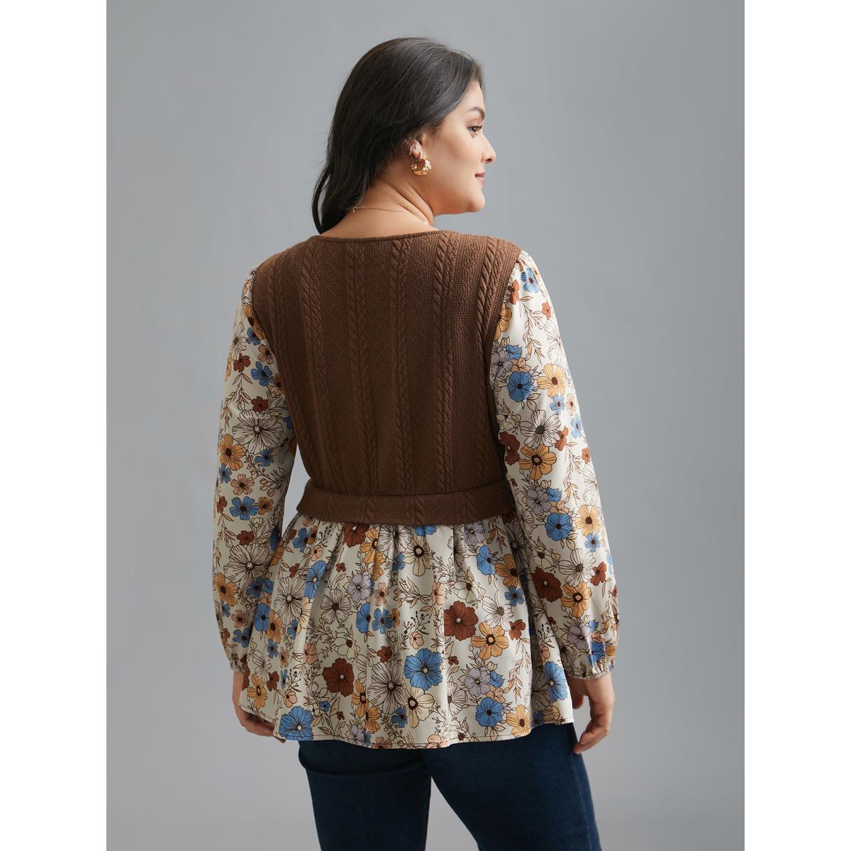 Plus Size Multicolor Mixed Texture Floral Combined Blouse Women Elegant Long Sleeve Round Neck Everyday Blouses BloomChic 18-20/2X Product Image