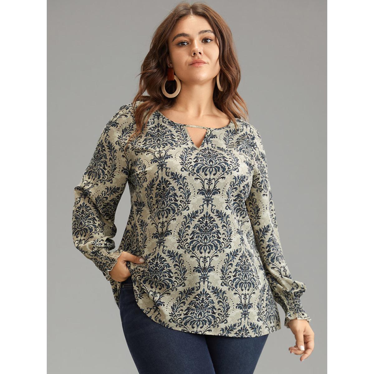 Plus Size Multicolor Bandana Print Keyhole Shirred Lantern Sleeve Blouse Women Vacation Long Sleeve Keyhole Cut-Out Vacation Blouses BloomChic 12/L Product Image