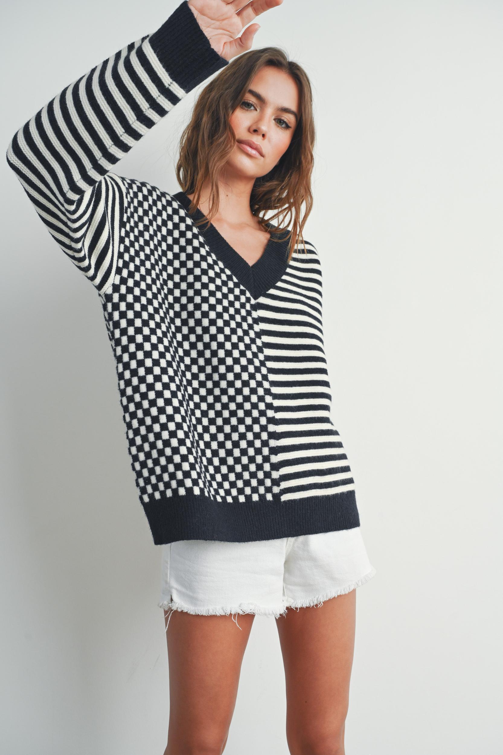 Checker V neck Cozy Sweater Product Image