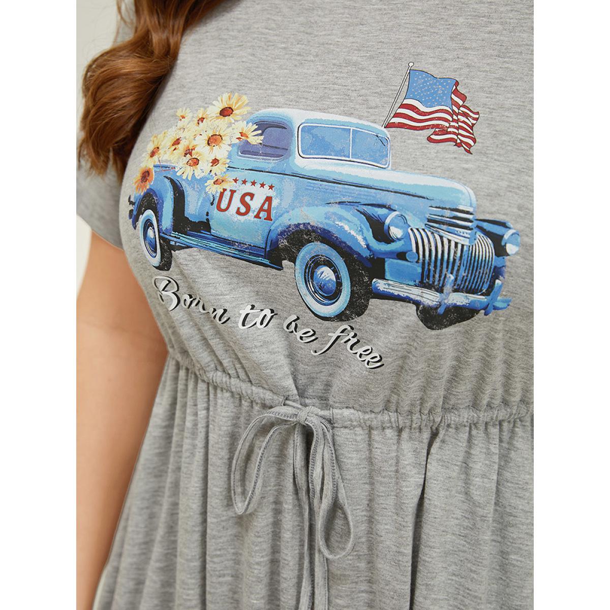 Plus Size Car Print Drawstring Pocket Flutter Graphic Dress LightGray Women Casual Drawstring Curvy Knee Dress BloomChic 10/M Product Image