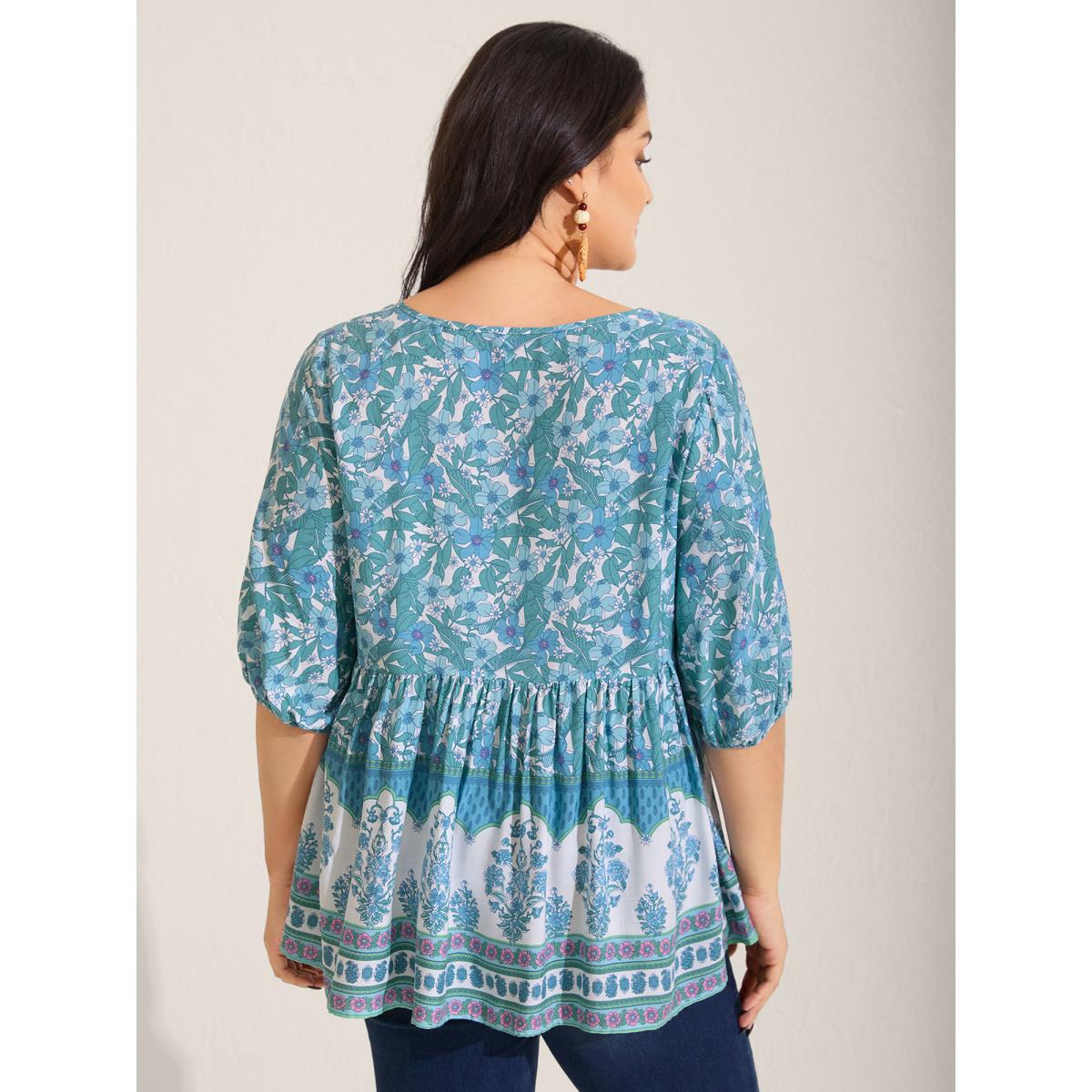 Plus Size Turquoise Boho Floral Print Color Contrast Blouse Women Boho Elbow-length sleeve V-neck Vacation Blouses BloomChic 18-20/2X Product Image