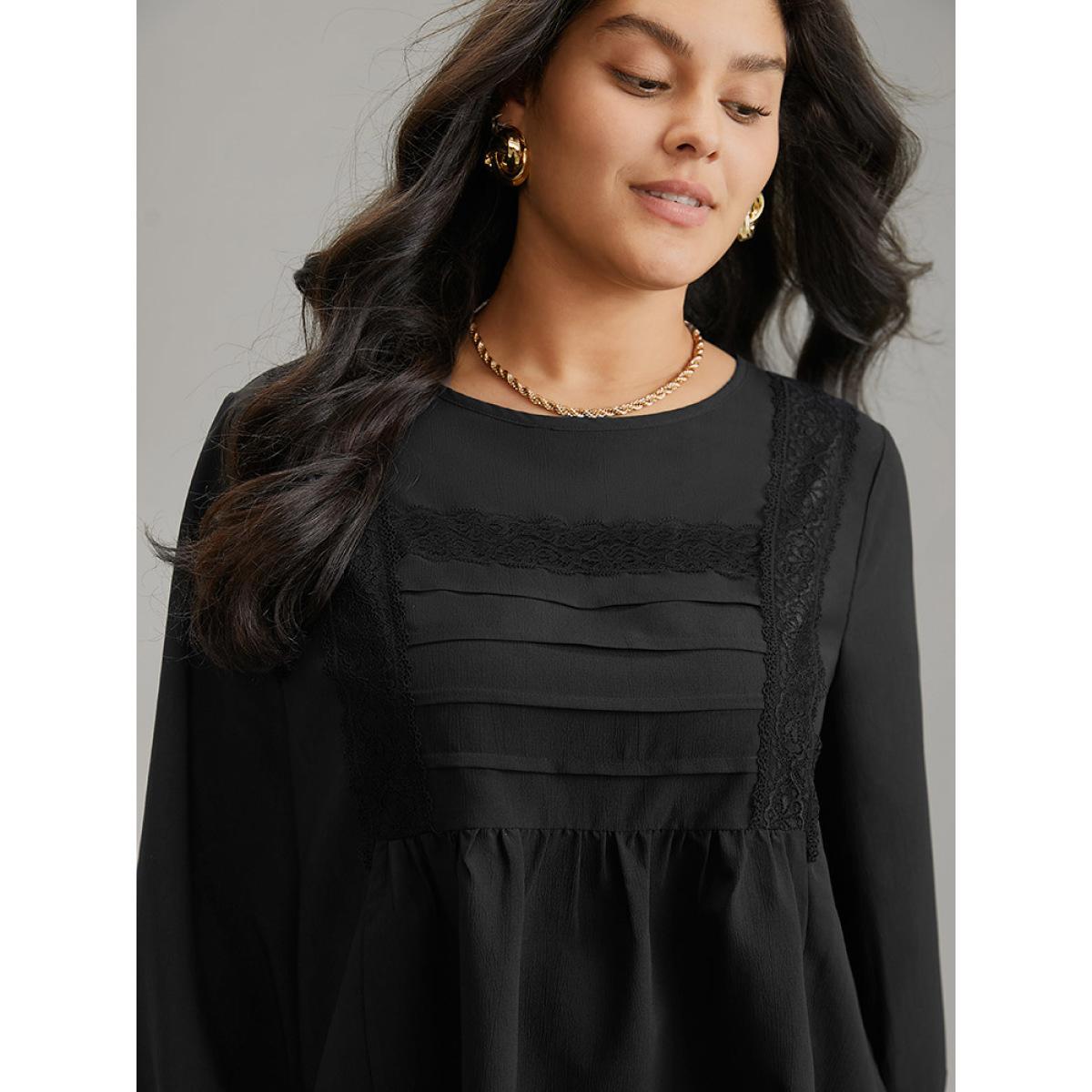 Plus Size Black Pleated Detail Contrast Lace Ruffle Blouse Women Elegant Long Sleeve Round Neck Dailywear Blouses BloomChic 26/4X Product Image