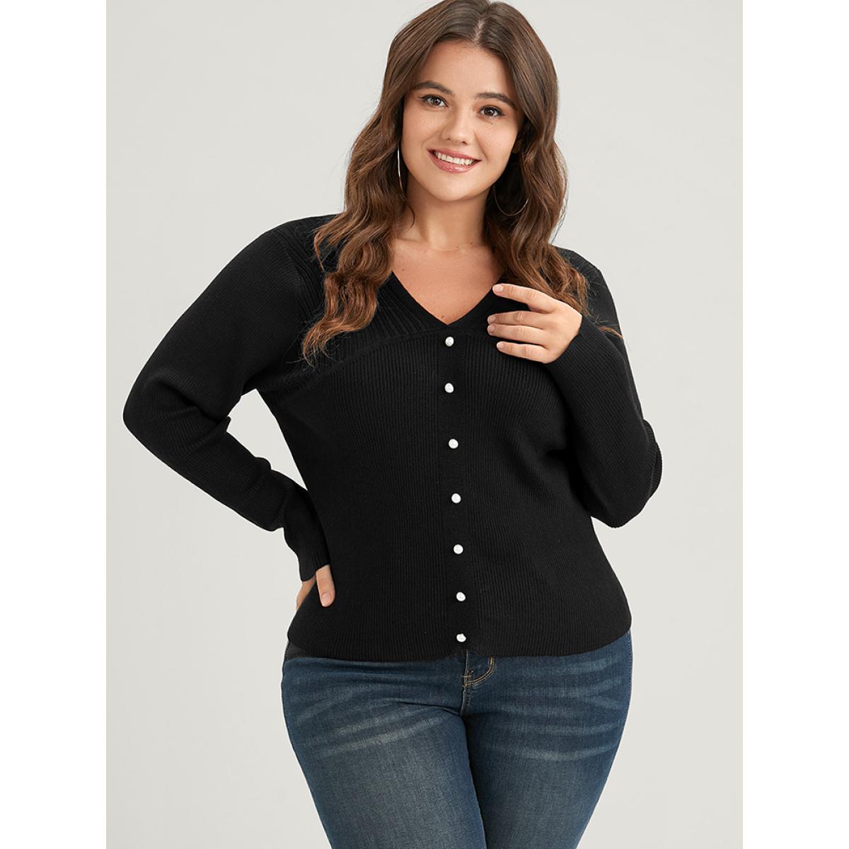 Plus Size Plain Rib Knit Button Front Knit Top Black Women Elegant Skinny Long Sleeve V-neck Dailywear Pullovers BloomChic 12/L Product Image