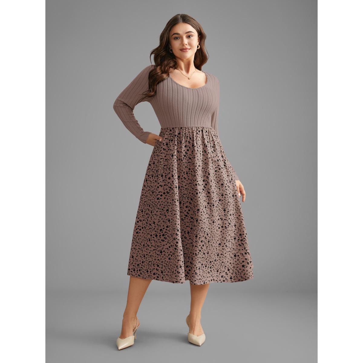 Plus Size Ditsy Floral Patchwork Texture Midi Dress DustyPink Women Elegant Texture V-neck Long Sleeve Curvy BloomChic 10/M Product Image