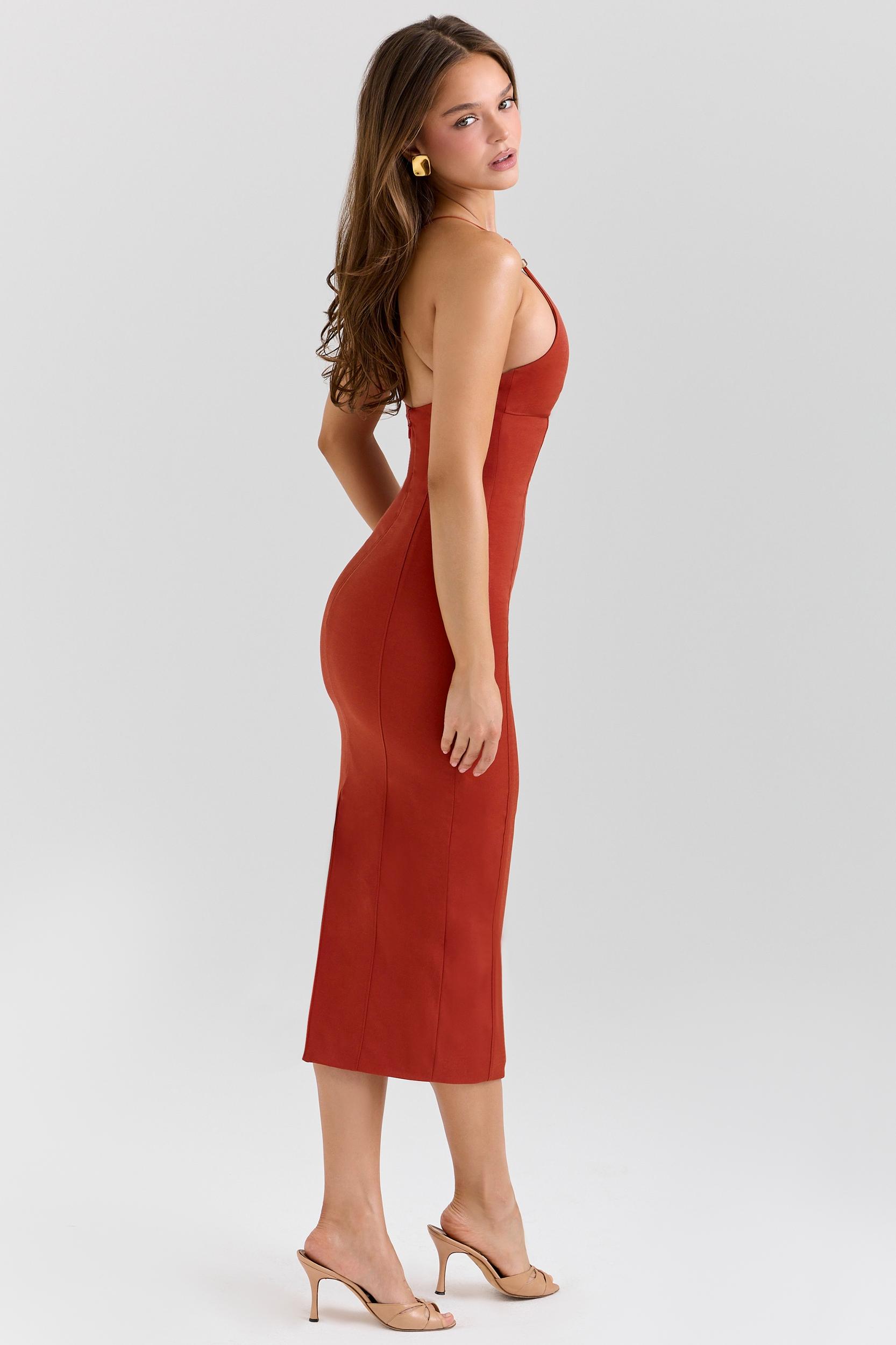 Ria  terracotta stretch cotton fitted midi dress Product Image