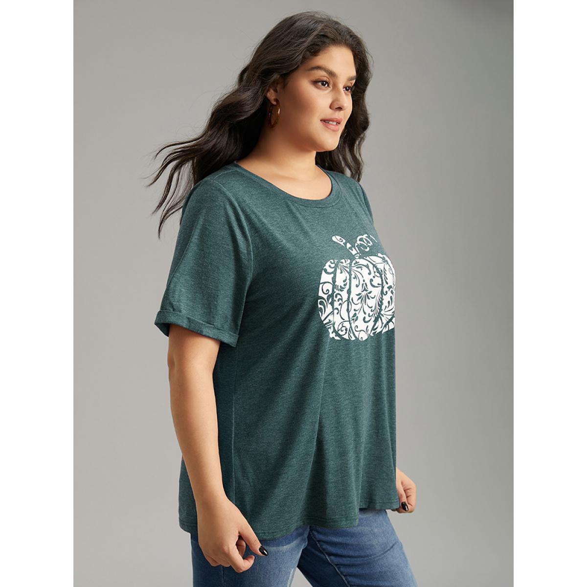 Plus Size Pumpkin Print Round Neck T-shirt Green Women Casual Printed Art&design Dailywear T-shirts BloomChic 14-16/1X Product Image