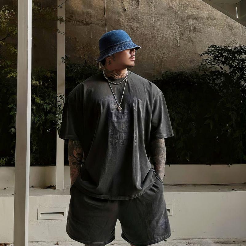 Elbow-Sleeve Crew Neck Lettering Print T-Shirt / Drawstring Waist Wide Leg Sweat Shorts Product Image