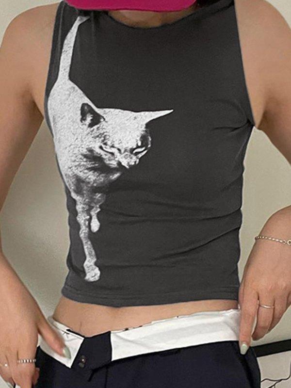 Cat Print Cropped Tank Top Product Image