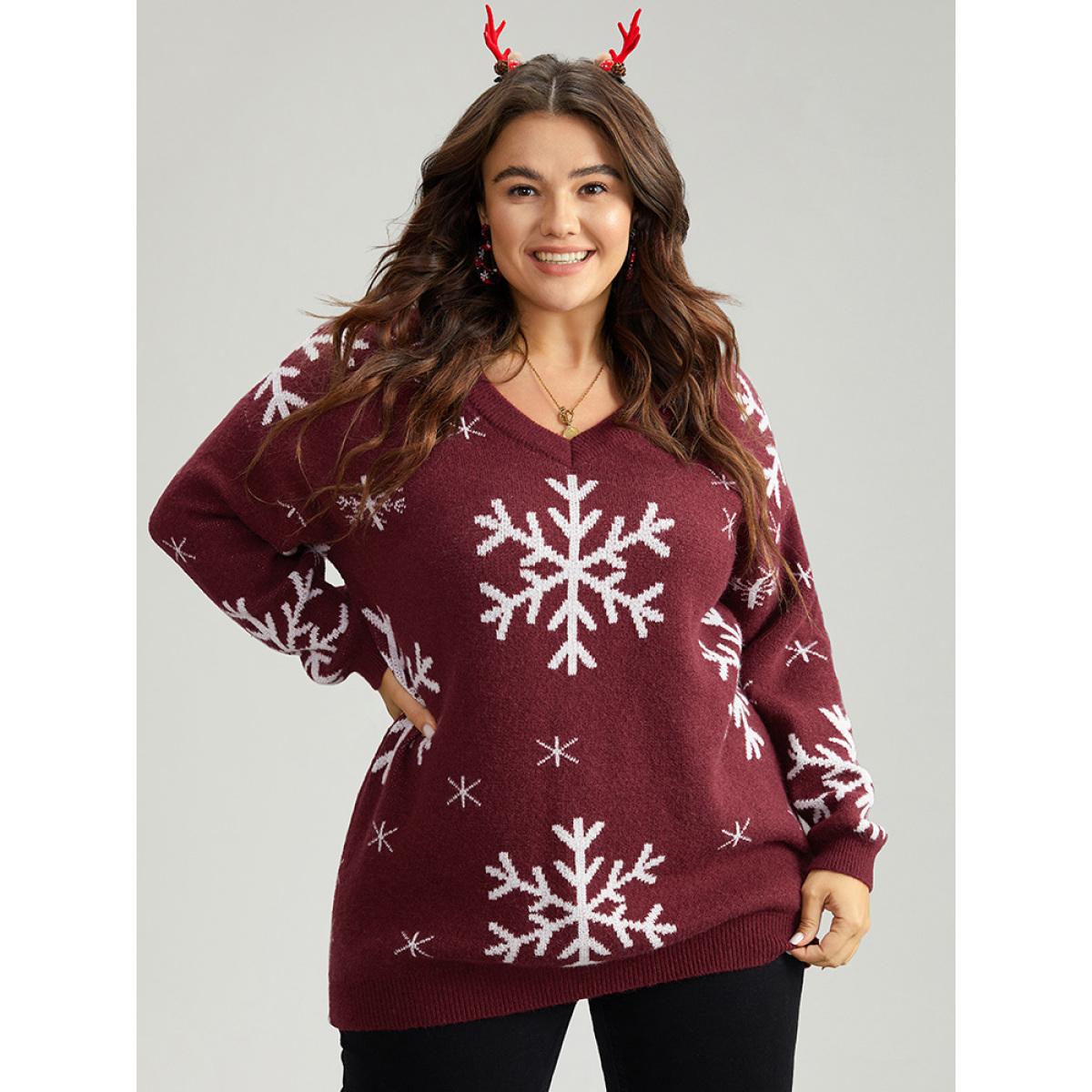 Plus Size Anti-Pilling Snowflake Print Pullover Scarlet Women Playful Loose Long Sleeve V-neck Casual Pullovers BloomChic 28/5X Product Image