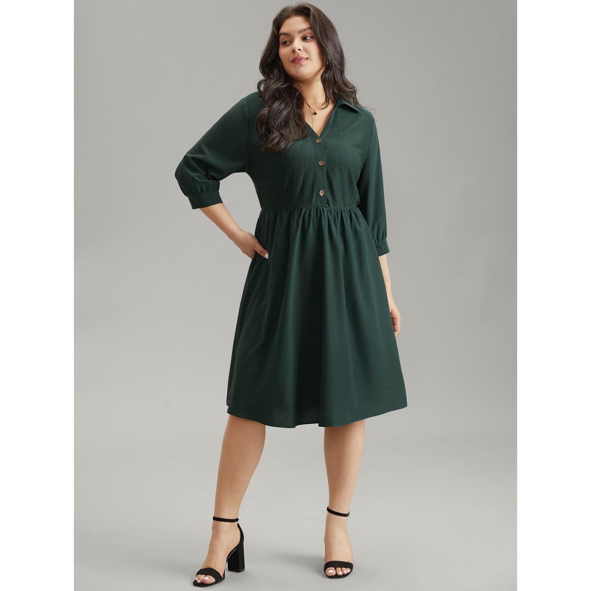 Plus Size Lapel Collar Elastic Waist Button Detail Midi Dress DarkGreen Women Work From Home Texture Lapel Collar Elbow-length sleeve Curvy Midi Dress BloomChic 22-24/3X Product Image