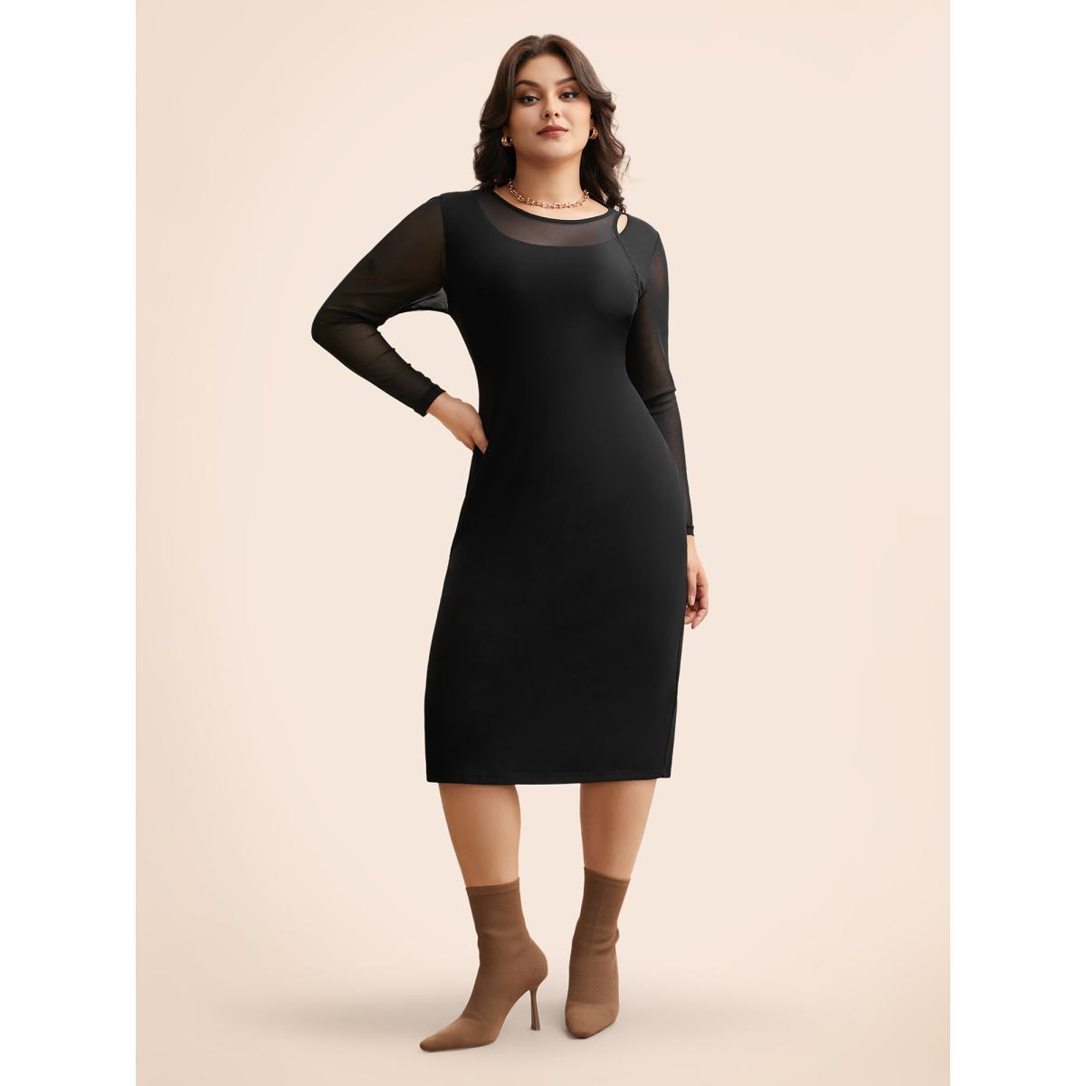 Plus Size Crew Neck Patchwork Mesh Split Hem Dress Black Women Elegant See through Round Neck Long Sleeve Curvy BloomChic 22-24/3X Product Image