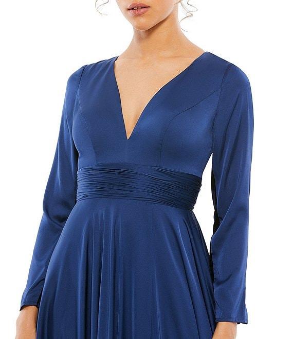 Ieena for Mac Duggal Deep V-Neck 3/4 Sleeve Satin A-Line Thigh High Slit Gown Product Image