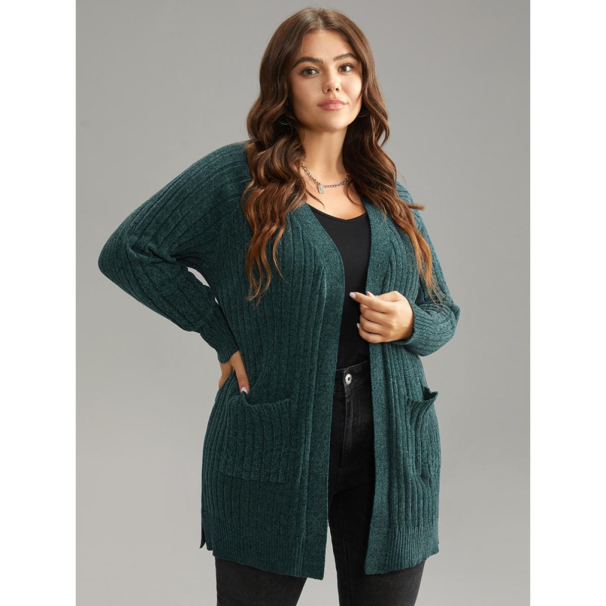 Plus Size Plisse Solid Patched Pocket Cardigan Cyan Women Casual Loose Long Sleeve Everyday Cardigans BloomChic 18-20/2X Product Image