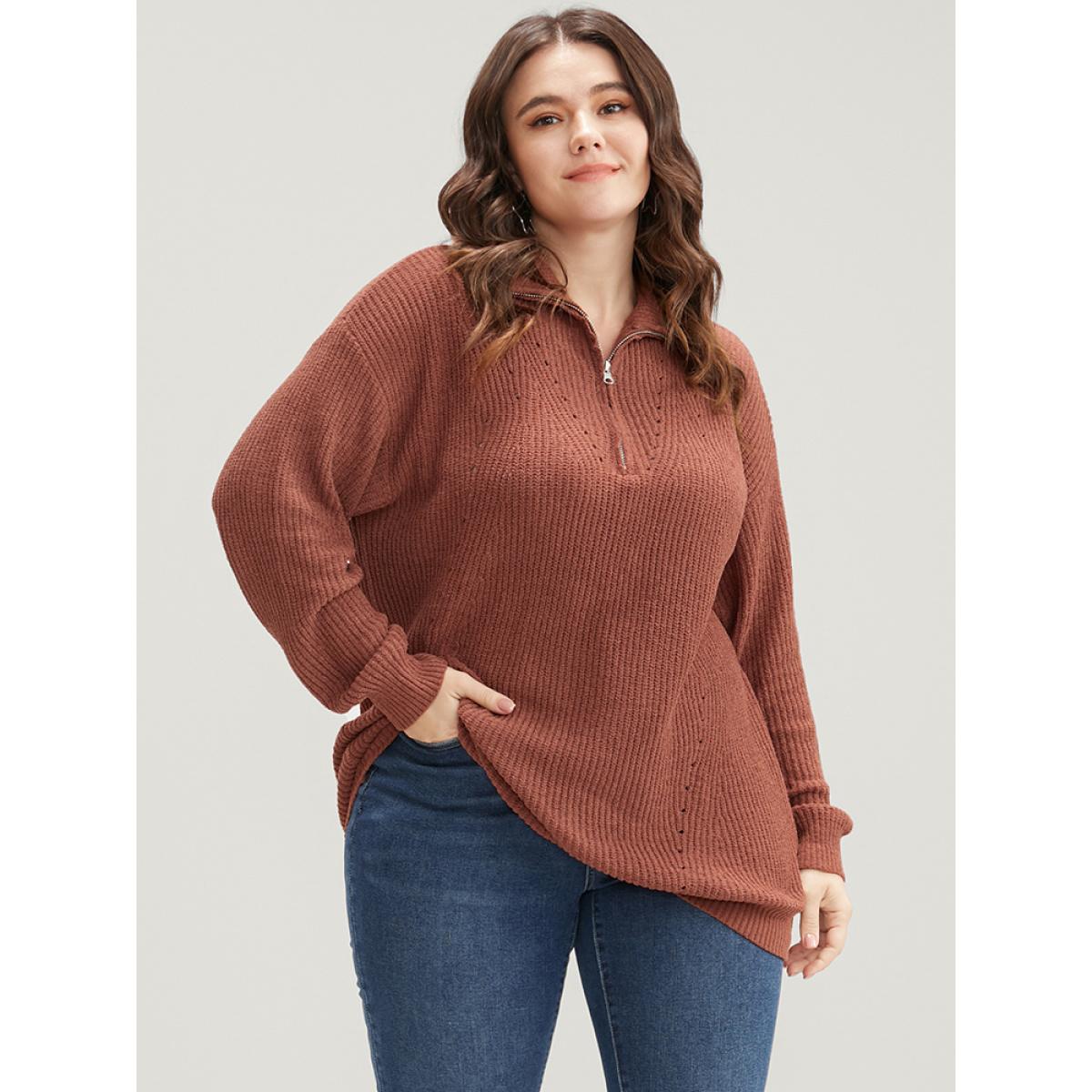 Plus Size Solid Super Soft Knit Zipper Mock Neck Eyelet Knit Top Bronze Women Casual Loose Long Sleeve Mock Neck Dailywear Pullovers BloomChic 14-16/1X Product Image