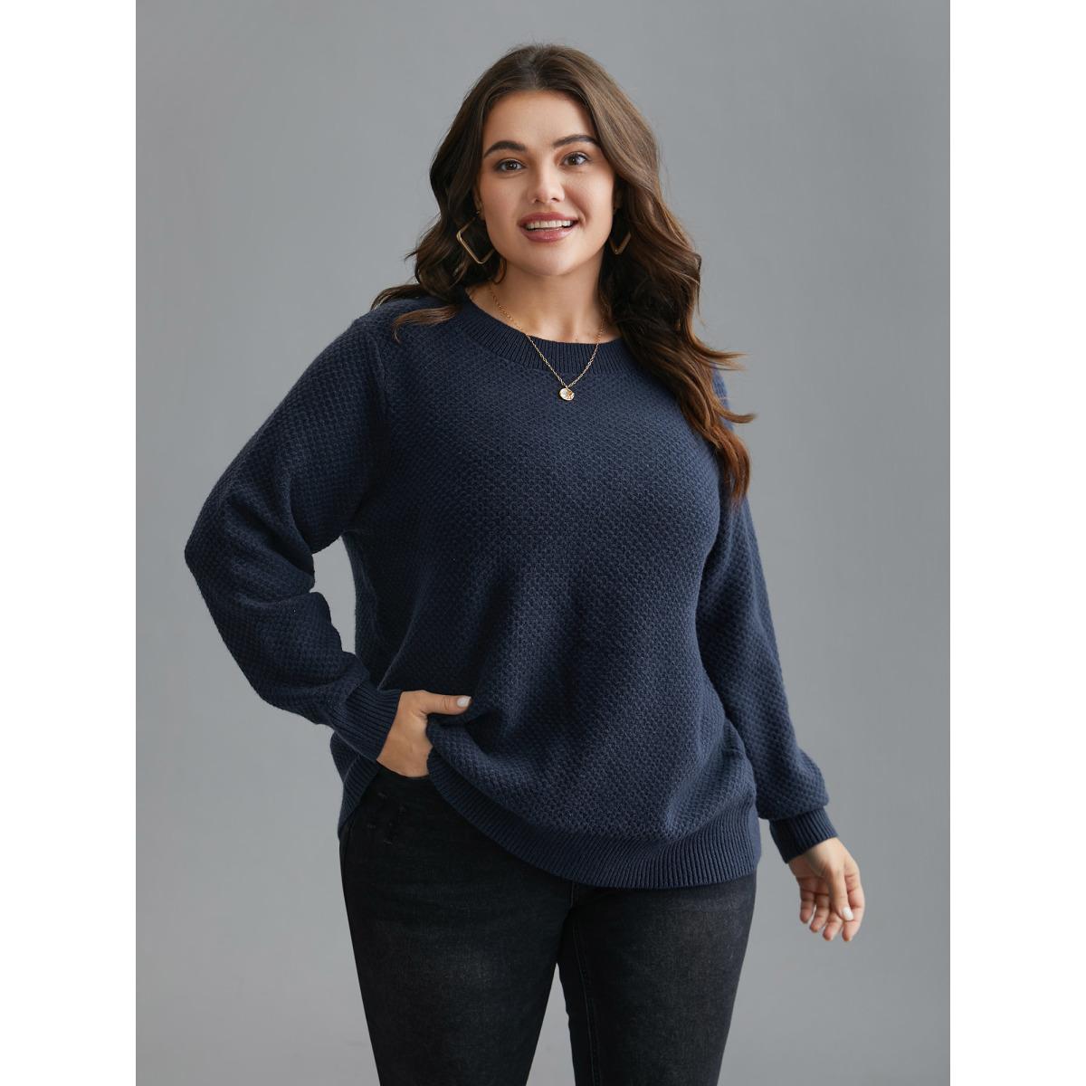 Plus Size Supersoft Essentials Textured Back Slit Pullover Indigo Women Casual Loose Long Sleeve Round Neck Everyday Pullovers BloomChic 12/L Product Image