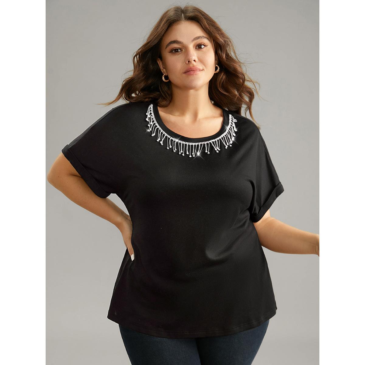 Plus Size Metal Tassel Detail Crew Neck T-shirt Black Women Elegant Tassels Plain Round Neck Dailywear T-shirts BloomChic 10/M Product Image