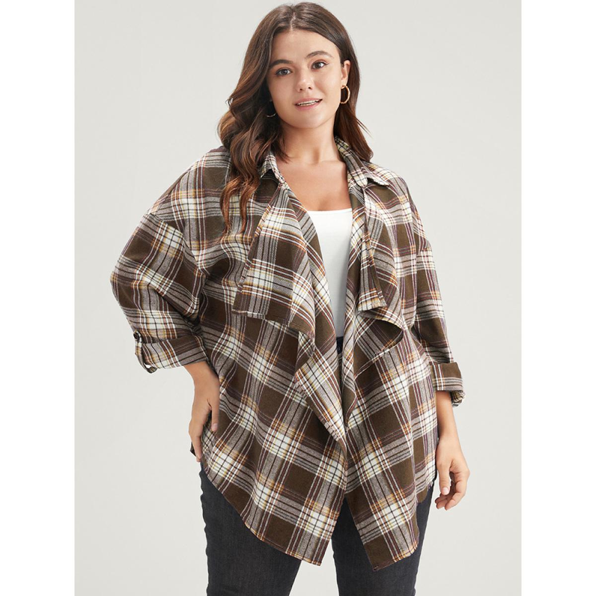 Plus Size Plaid Cuffed Sleeve Asymmetrical Waterfall Collar Coat Women DarkBrown Elegant Asymmetrical Ladies Dailywear Winter Coats BloomChic 12/L Product Image