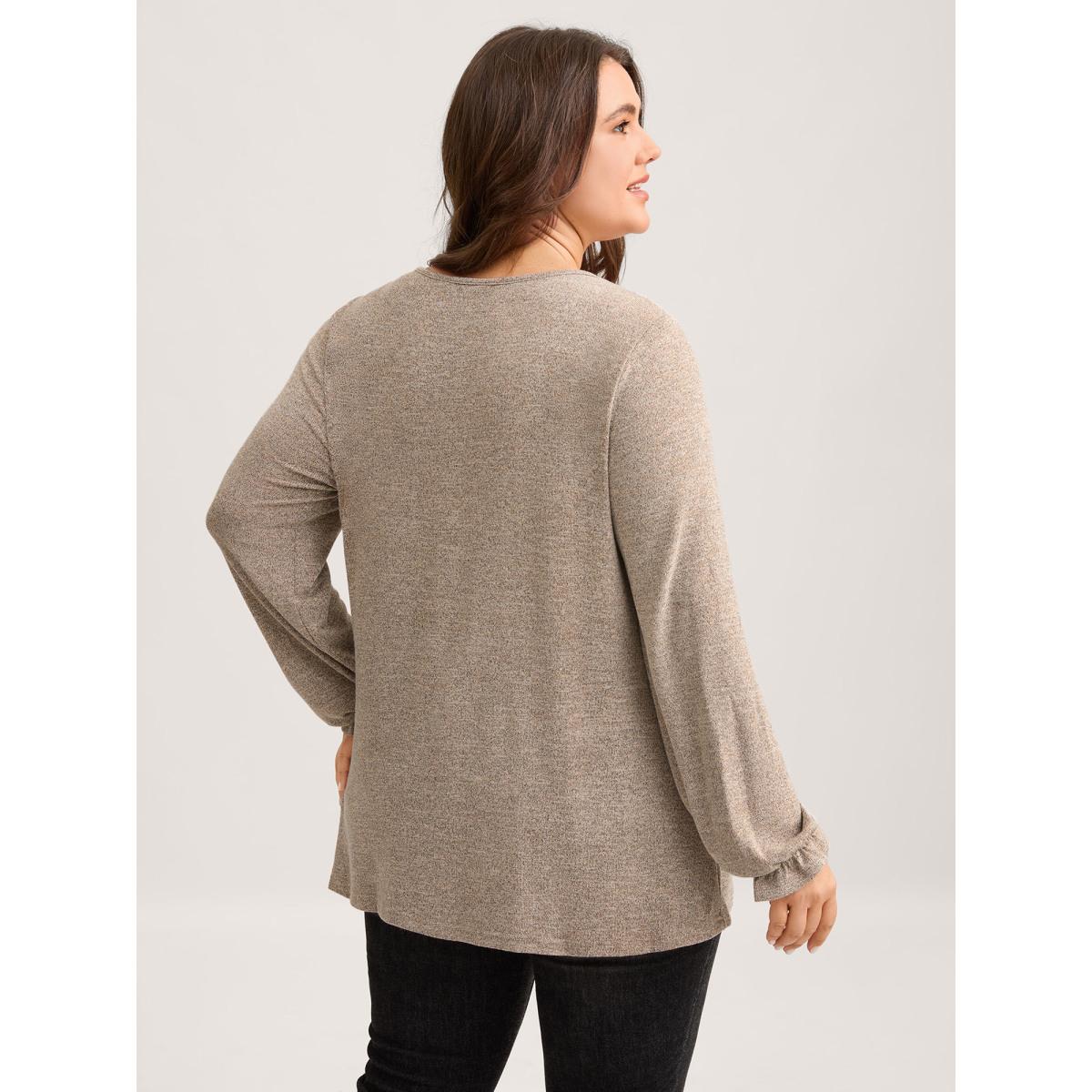 Plus Size Round Neck Heather Pleated T-shirt LightBrown Women Leisure Pleated Round Neck Loose Casual T-shirts BloomChic 28/5X Product Image