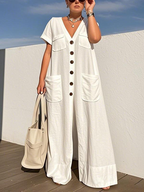 Loose Short Sleeves Buttoned Pockets Solid Color V-Neck Jumpsuits Product Image