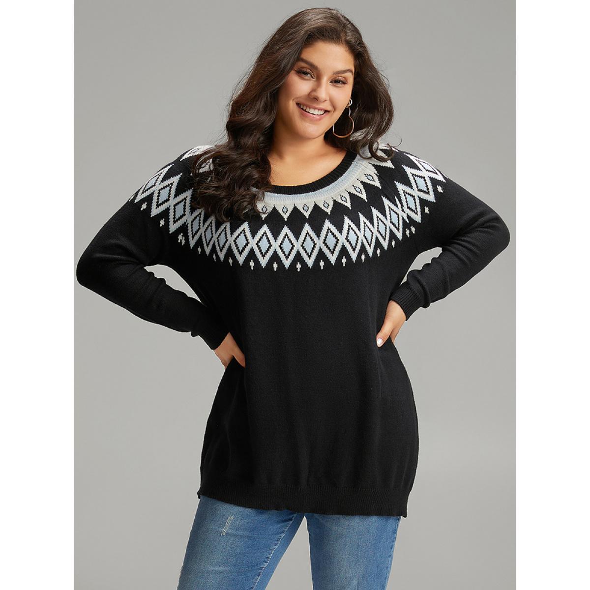 Plus Size Supersoft Essentials Geo Contrast Raglan Sleeve Pullover Black Women Casual Loose Long Sleeve Round Neck Dailywear Pullovers BloomChic 14-16/1X Product Image